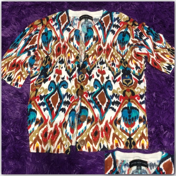Jones New York Sport 90’s Retro Print 3/4 sleeve cardigan Business Casual - Picture 9 of 16